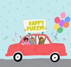 Cute graphic of a three people riding in a red car holding balloons and a sign that says "Happy Purim!"
