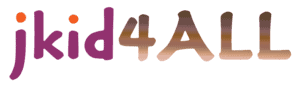 A logo for jkid4ALL, with the jkid in dark purple and the 4 ALL in a gradient from dark brown to white.