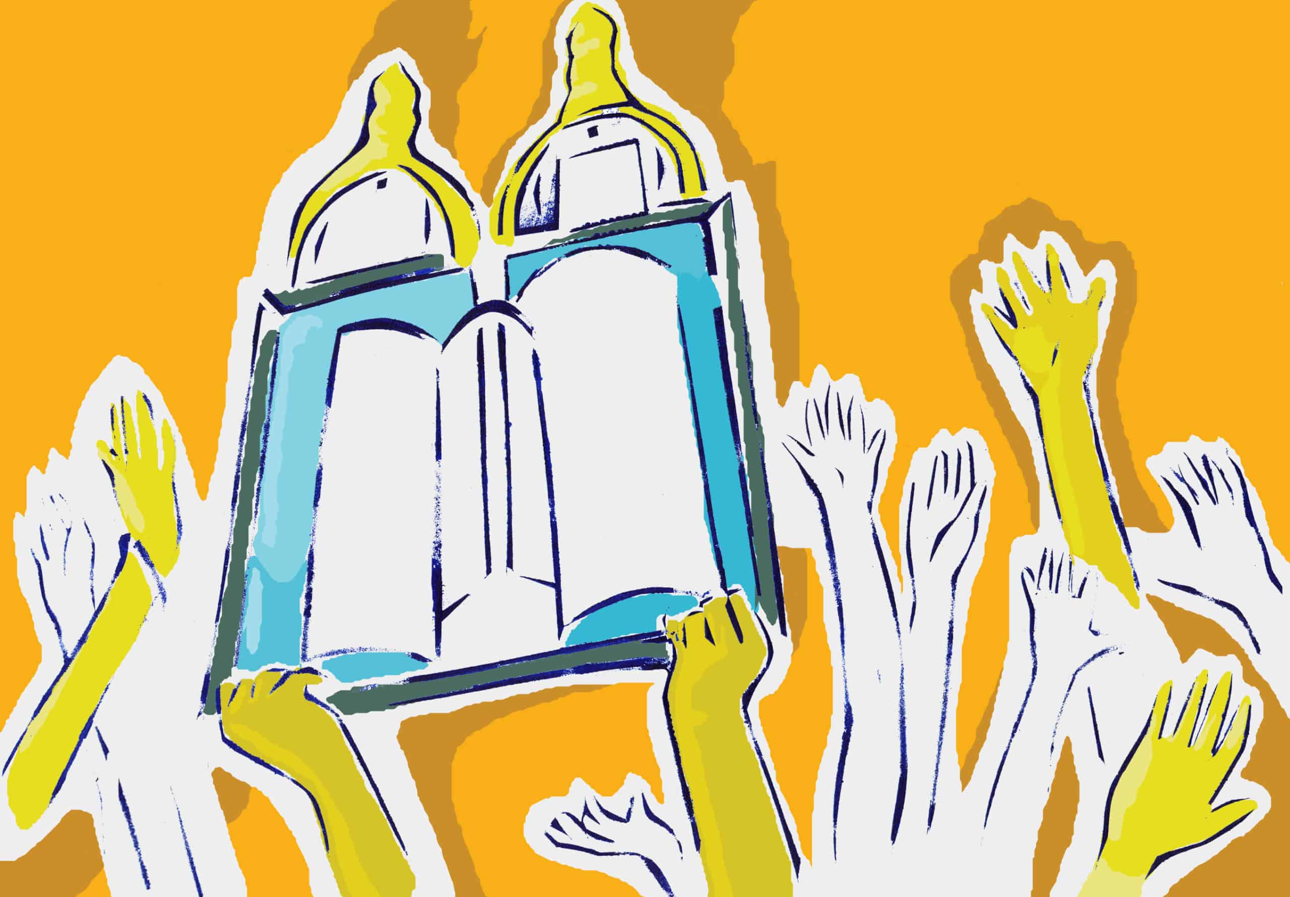 A cute graphic of the Torah with hands reaching up towards it.